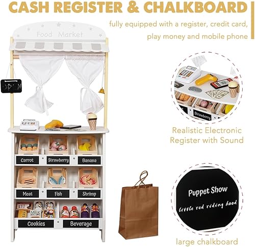 Miniatura 2 de Juego de tienda de comestibles para niños, tienda de juegos de simulación y carrito de compras de supermercado de madera con caja registradora de