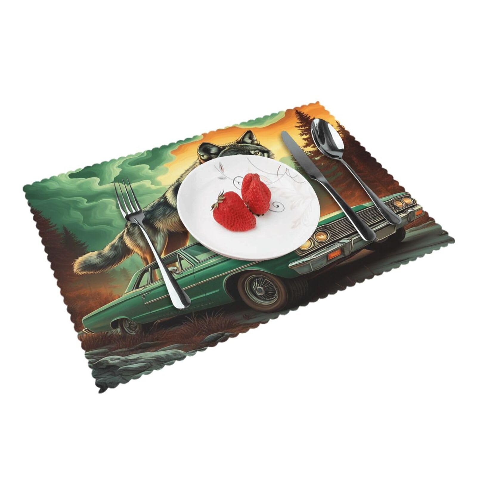 Wolf Car (2) Placemats Set of 4 Print Table Mats Place Mats Table Decor for Kitchen Dining 12X18 in