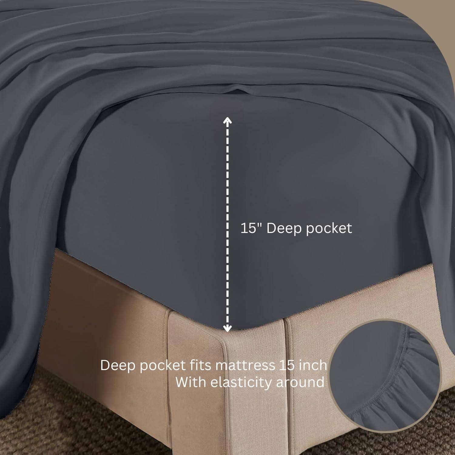 Luxury 4 Piece Queen Sheet Set, Ultra Soft Microfiber Sheets with Deep Pockets, Fits Mattresses up to 15 Inches, 60" x 80", Dark Grey Solid