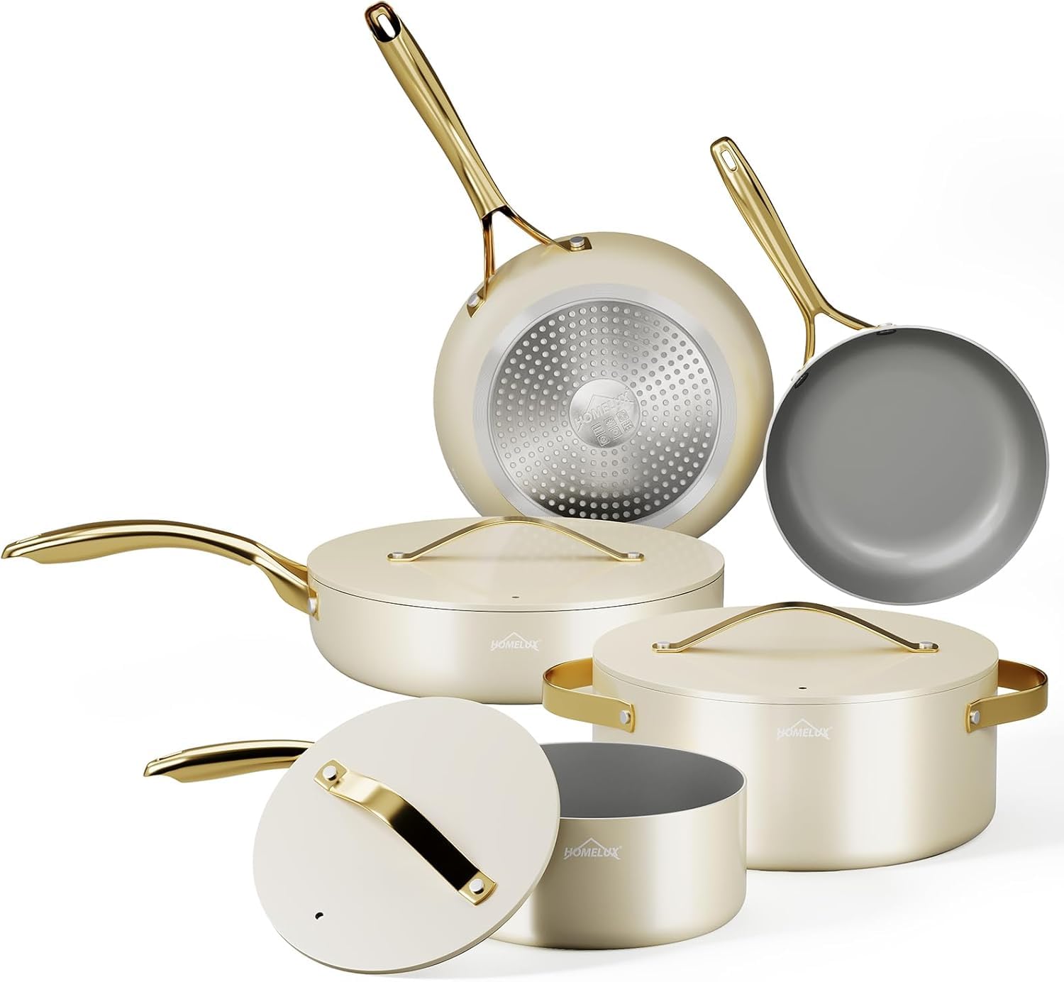 HOMELUX Batterie de cuisine antiadhésive 8 pièces avec couvercles | poêles et casseroles à induction sans PFOA, PFOS et BPA, compatible avec toutes les plaques de cuisson, beige