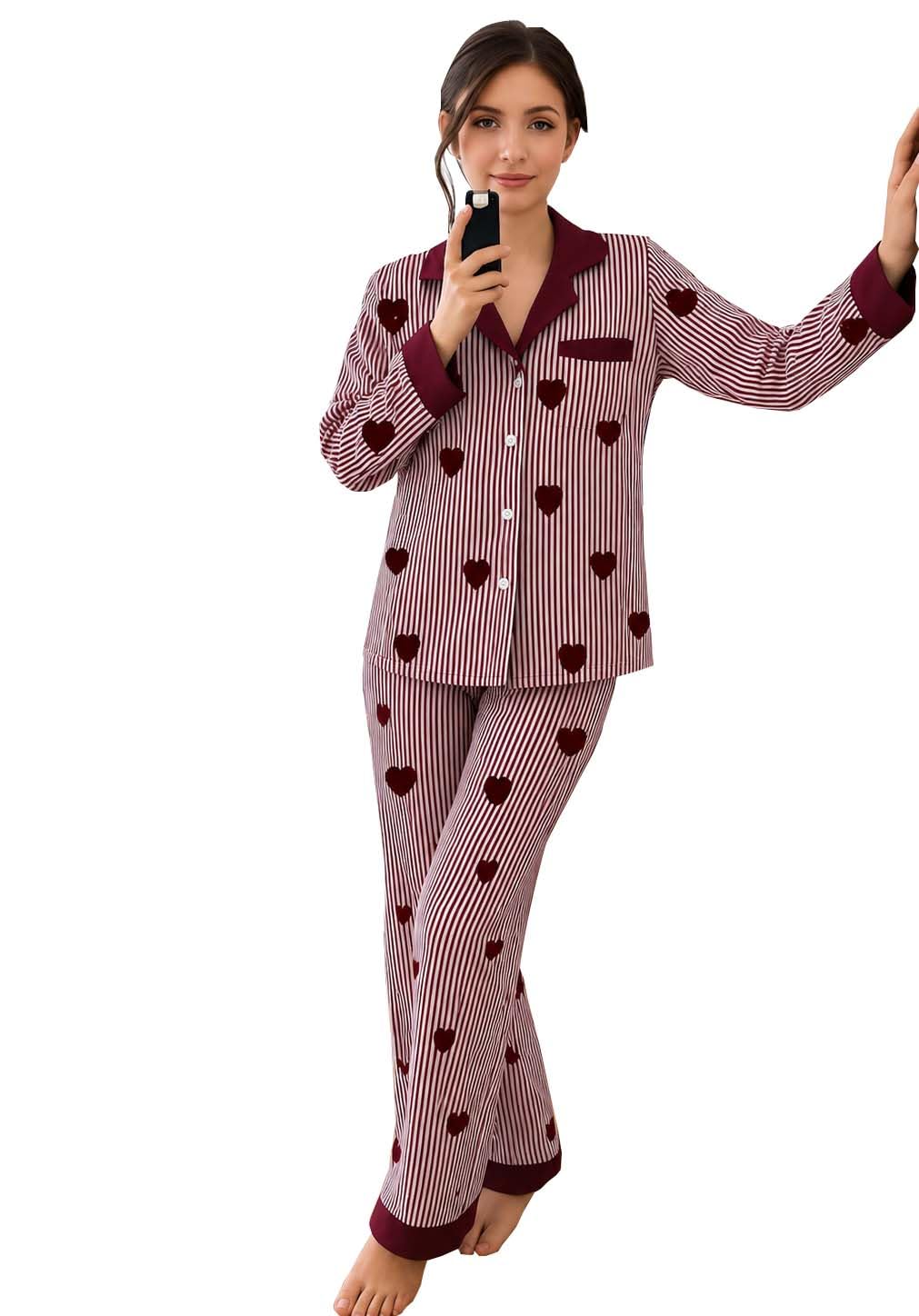 somniva Women's Nightsuit, Black and White Striped Pyjama Set with Heart Print, Long Sleeve Button-Down Top-picture-28
