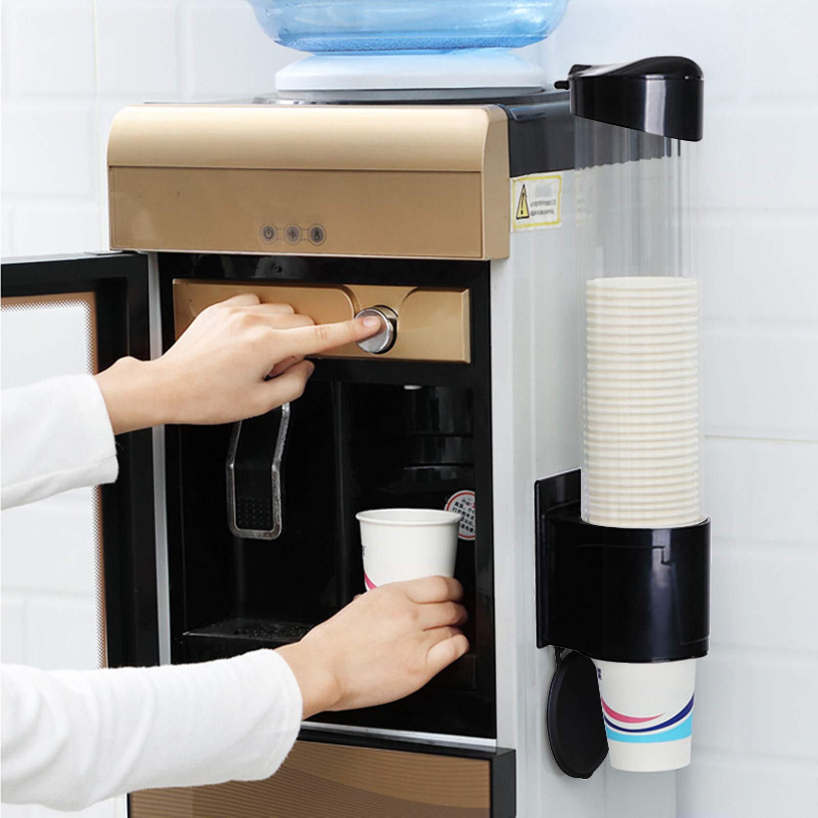 Xerhnan Cup Dispenser, Water Cooler Pull Type Cup Holder Fits 5oz - 7oz Cone or Flat Bottom Cups, Paste or Screw Plate Wall Mount, 15" Tube Length Black