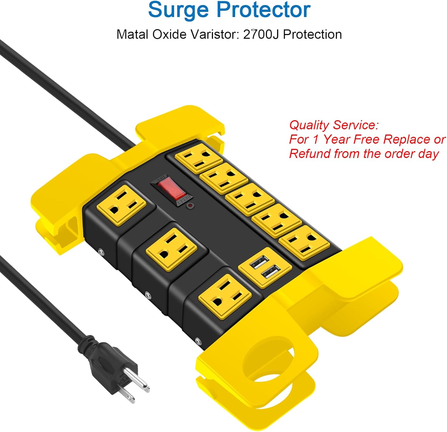 CCCEI Heavy Duty Power Strip with USB, Workshop 8 Outlet Surge Protector 2700 Joules, Industrial Metal 15Amp Power Strip, 12 FT Extension Cord and Wide Spaced Black.