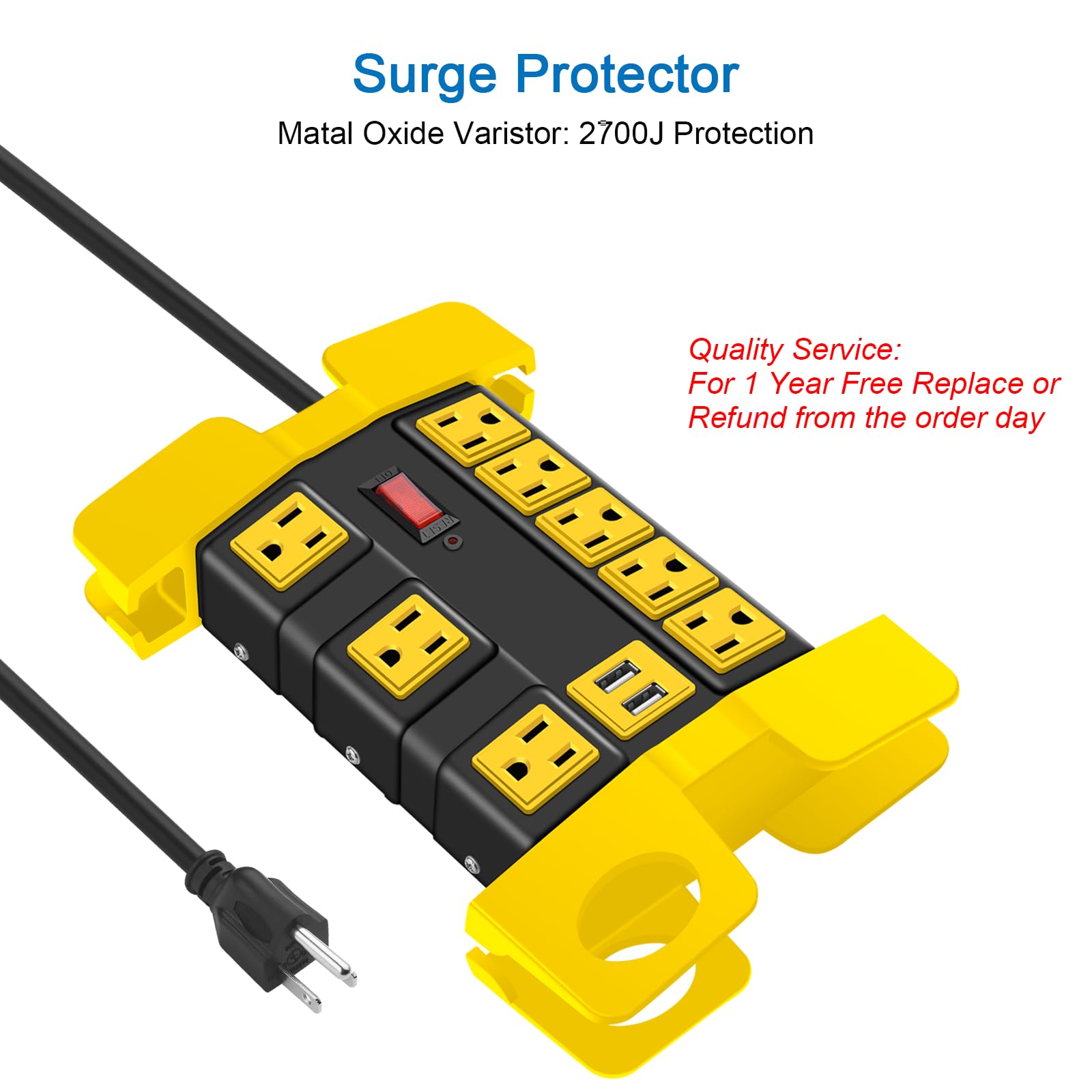 Tira de alimentación resistente con USB, Workshop 8 salidas de protección contra sobretensiones de 2700 julios, tira de alimentación de metal industrial de 15 amperios, cable de extensión de 15 pies y