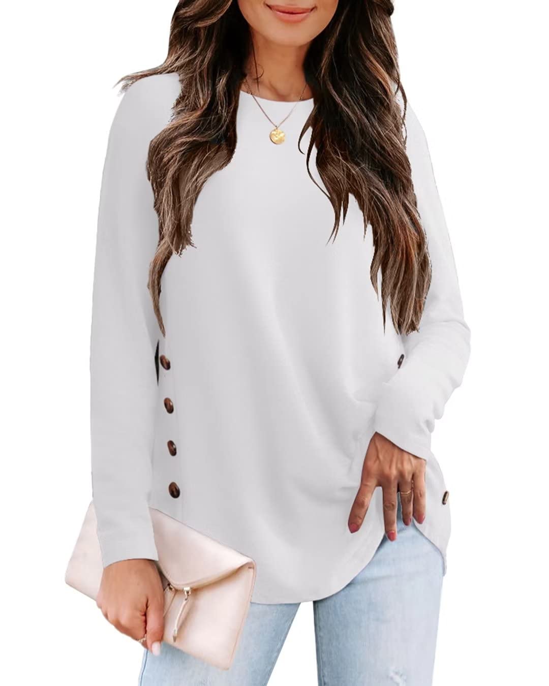 Hiistandd Women's Side Button T-Shirt Casual Round Neck Loose Long Sleeve Tunic Top