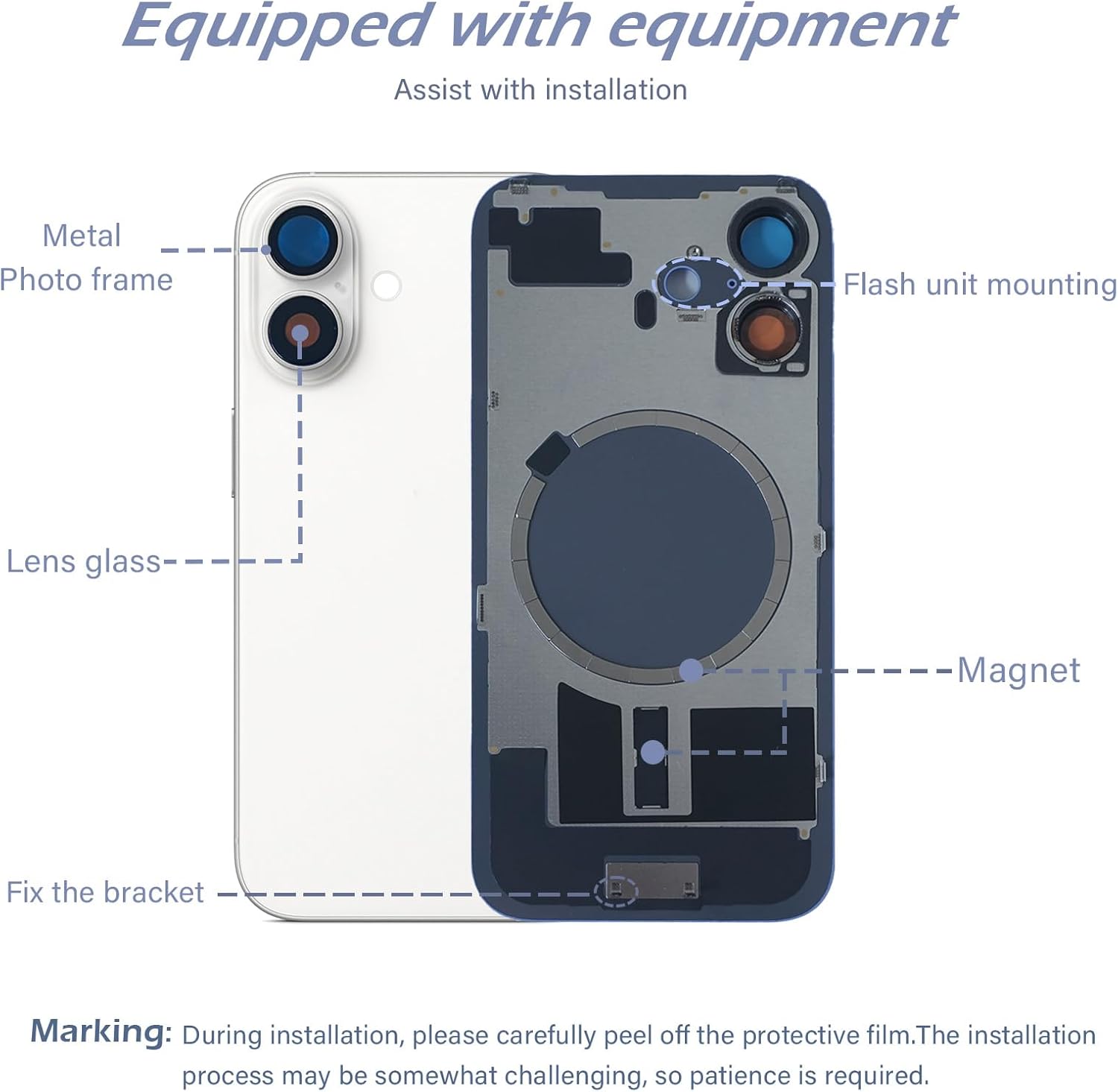 16 Back Glass Replacement with Metal Camera Frame & Magnet for iPhone 16 (6.1-inch,White) & Includes Replacement Tools