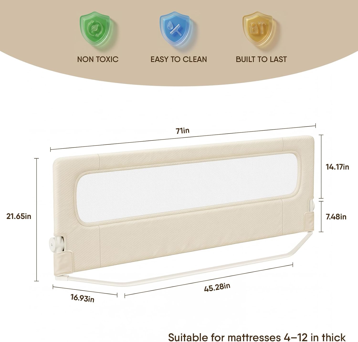 Folding Bed Rail for Toddlers, Baby Bed Rail Guard with Reinforced Anchor Safety System, Toddler Bed Rails for King Size Beds, Twin, Full, Queen (Khaki, 71" L x 21.6" H)