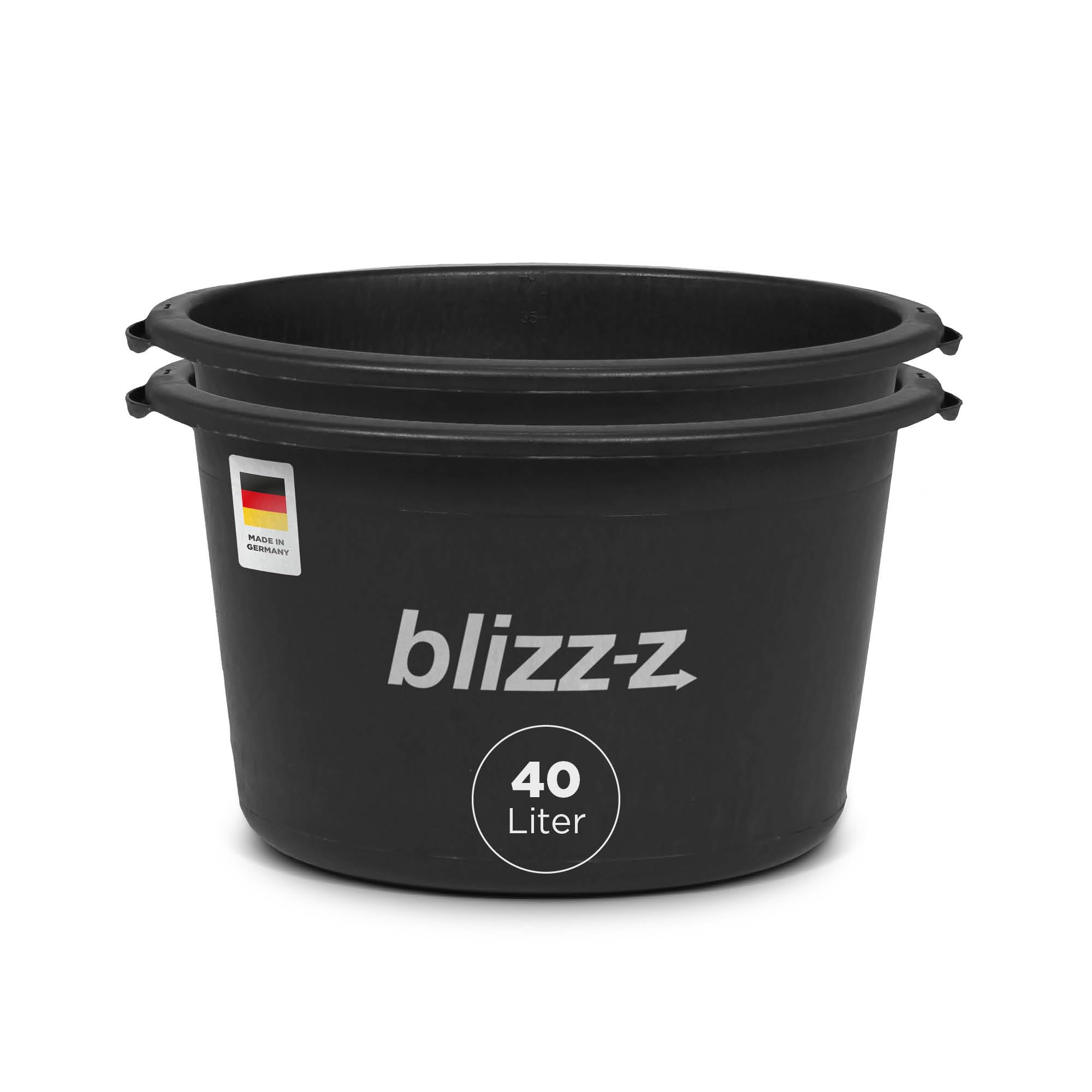 blizz-z Mörtelkübel Ø 51 cm x H 31 cm (45 Liter) rund schwarz in Profiqualität (2 Stück) | Baueimer, Kübel, Mörtelwanne, Pflanzenwanne für Hochbeet, Kunststoff | Made in Germany