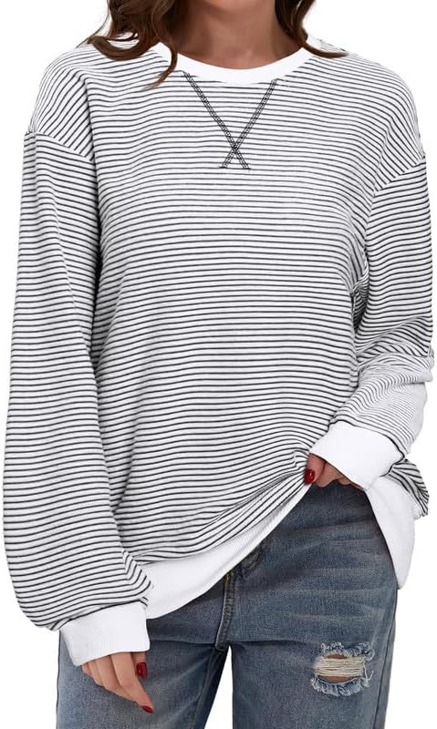 SHEWIN Womens Striped Sweatshirt Crewneck Casual Long Sleeve Pullover Tops Trendy 2025