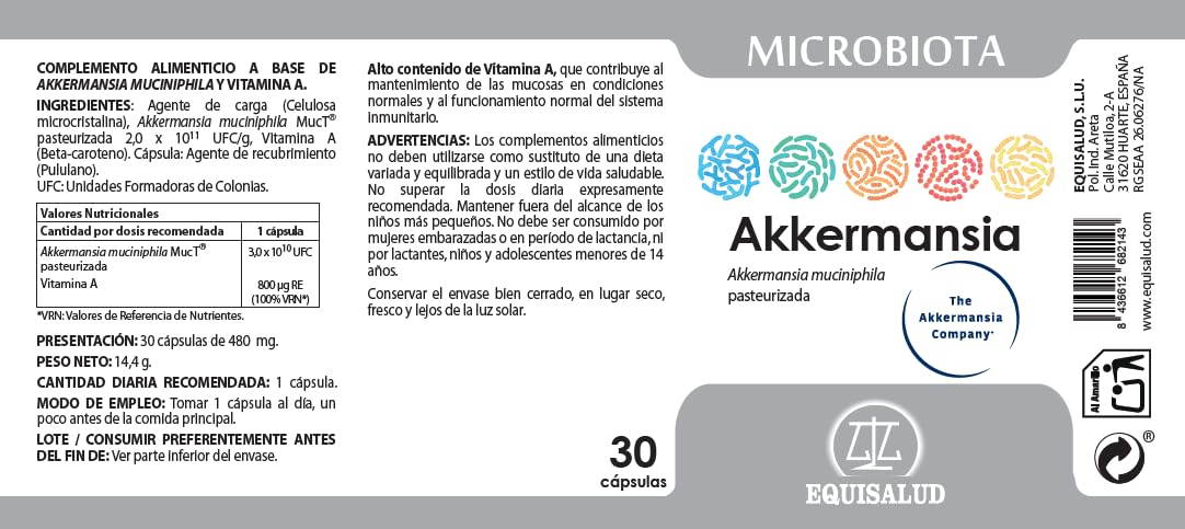 Microbiota Akkermansia 30 Cápsulas | Barrera Intestinal y Sistema Inmunitario | Con Vitamina A | Equisalud
