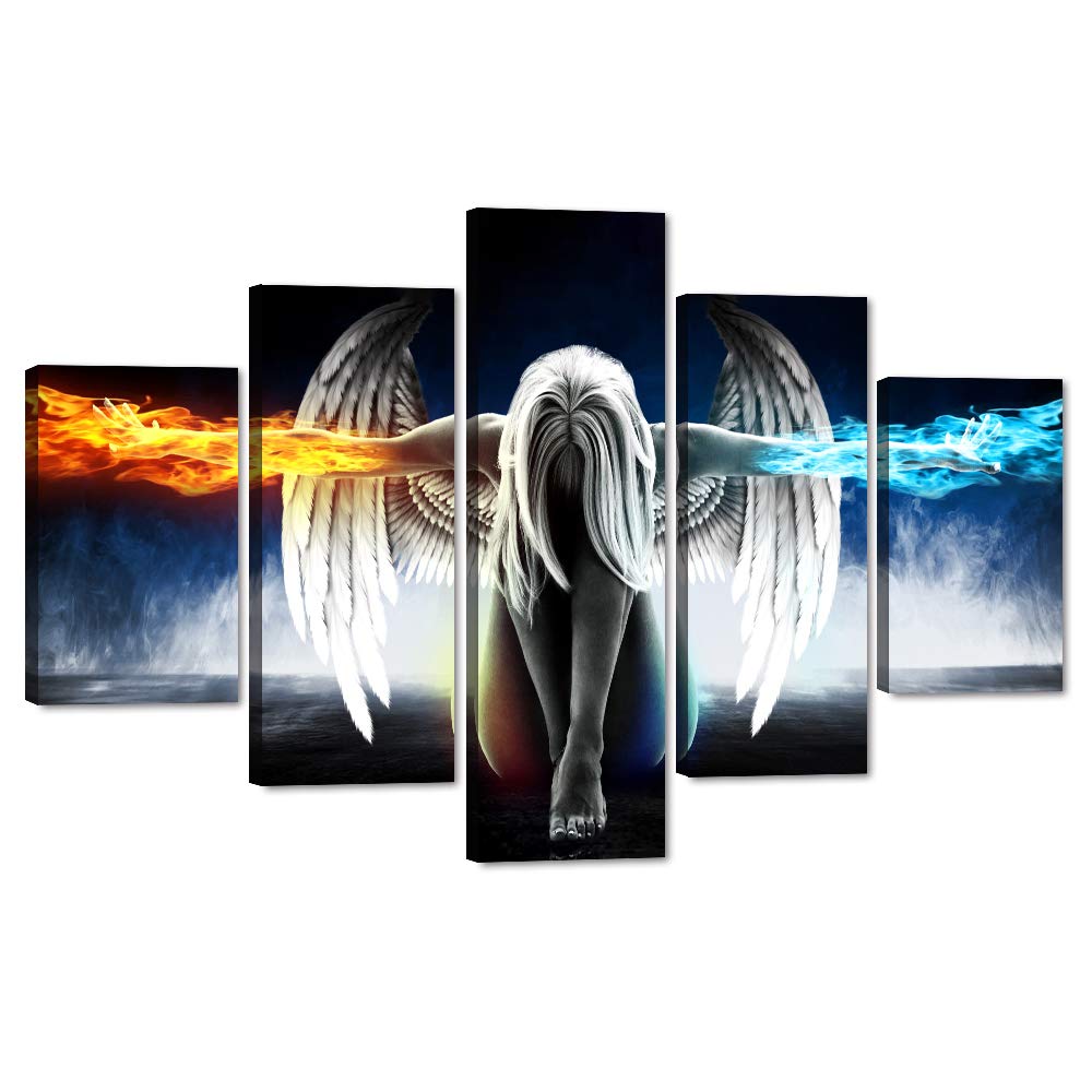 Fire Ice Angel Wall Art Angel Wings Painting Prints on Canvas 5 Pieces Modern Abstract Girl Pictures Posters Wooden Artwork Home Wall Decorations for Living Room Bedroom Office Gift Framed (60"Wx40"H)