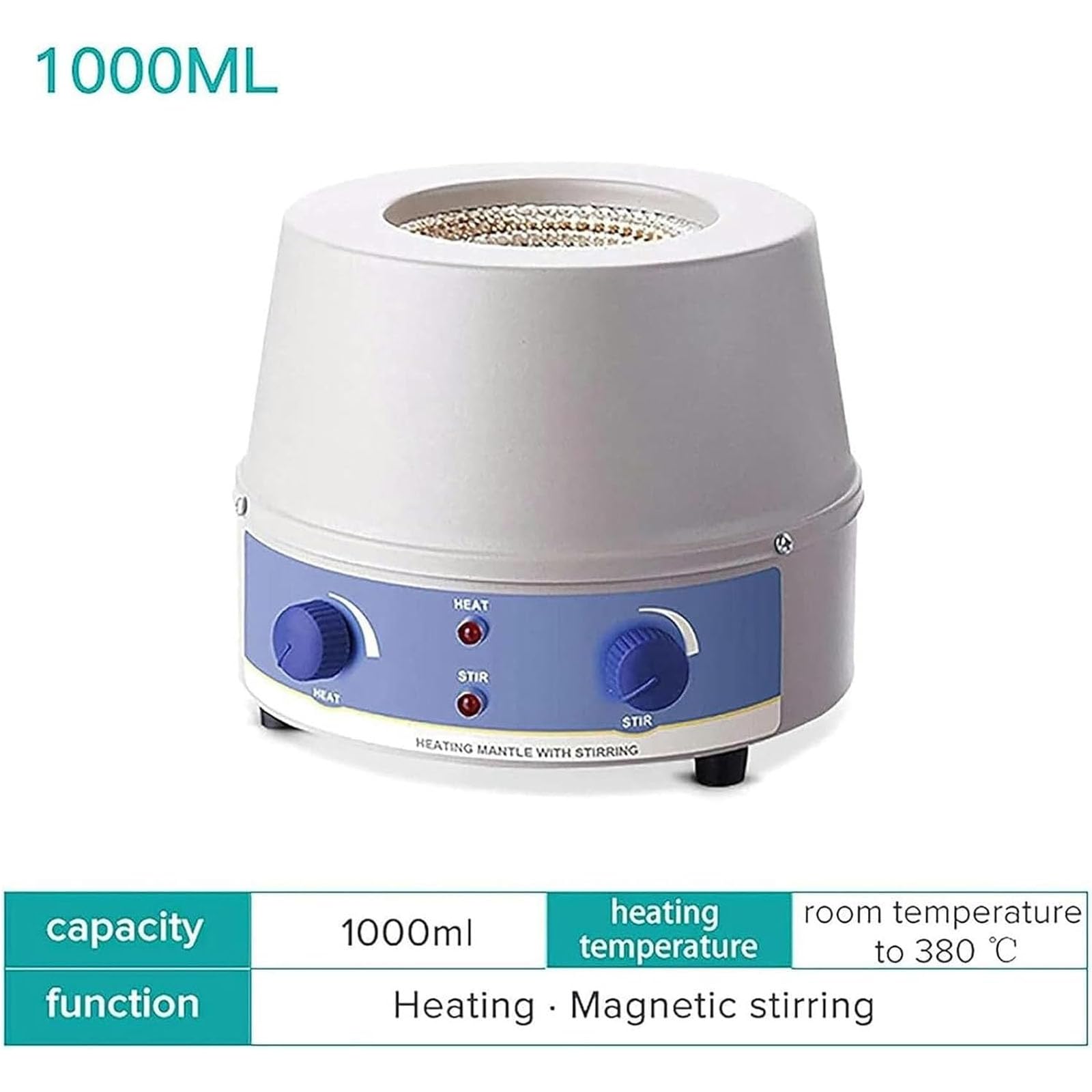 Manto calefactor de 1000 ml, 100-2400 W con termorregulación y agitación, temperatura máxima de 380 °C para uso en laboratorio
