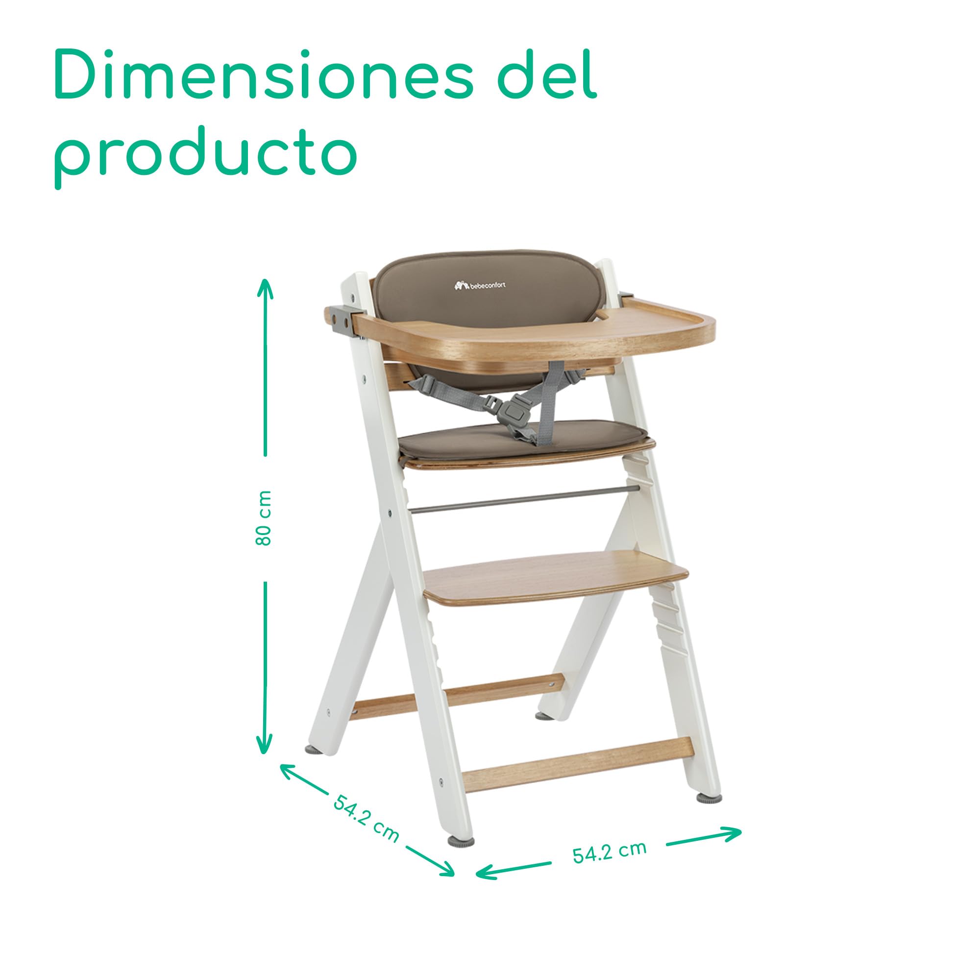 Bebeconfort Timba 2 con Cojín, Trona Bebé Evolutiva, Desde 6 meses hasta 110 kg, Silla Trona Bebé Comedor Ergonómica, Apta Todo Tipo Mesas, Bandeja Extraíble, Con Arnés, Natural Wood (Madera)+Beige