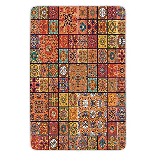 BagsPillow Bathroom Bath Rug Kitchen Floor Mat Carpet,Moroccan,Collection of Moroccan Style Geometric Patterns Floral Ornamental Patchwork Print,Orange Red,Flannel Microfiber Non-Slip Soft Absorbent