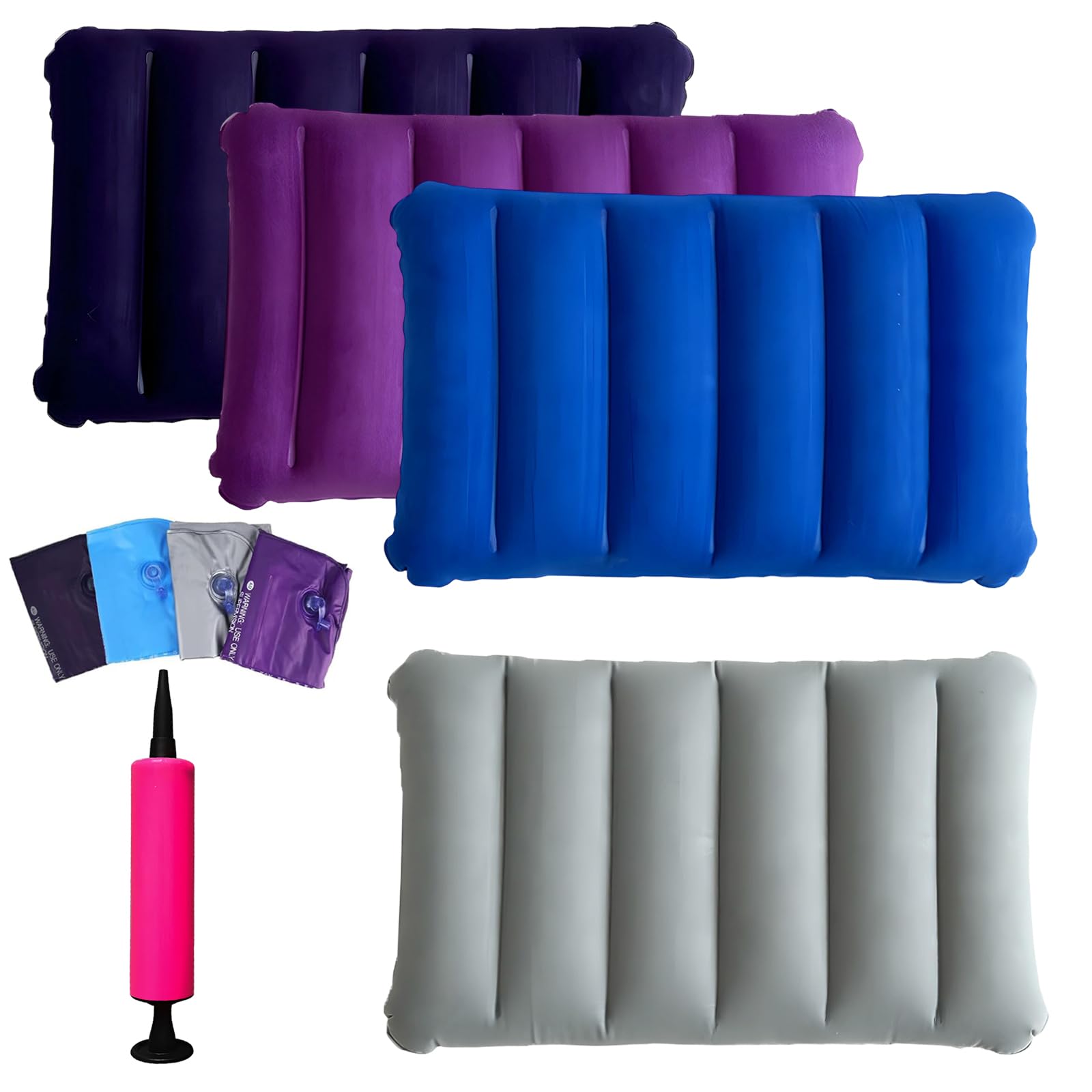 Almohada inflable, 4 almohadas inflables portátiles para camping, vacaciones, playa, tomar el sol y viajes (gris, azul oscuro, azul marino y morado)