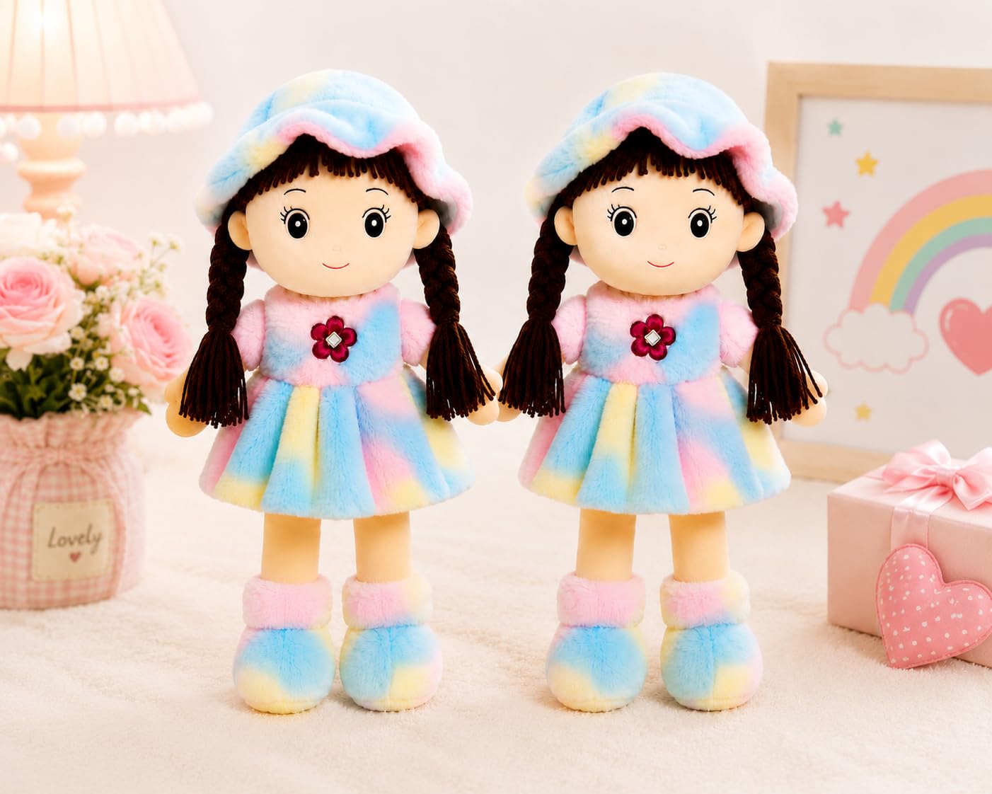Soft Plush Rag Doll Set of 2 for Kids, 42 cm Stuffed Dolls with Braided Hair, Rainbow Dress, Cute Hugging Toy, Birthday Gift for Girls & Boys Age 3+ (Multicolour, 2, Count, 2, Rainbow Doll Set of 2)-image-35