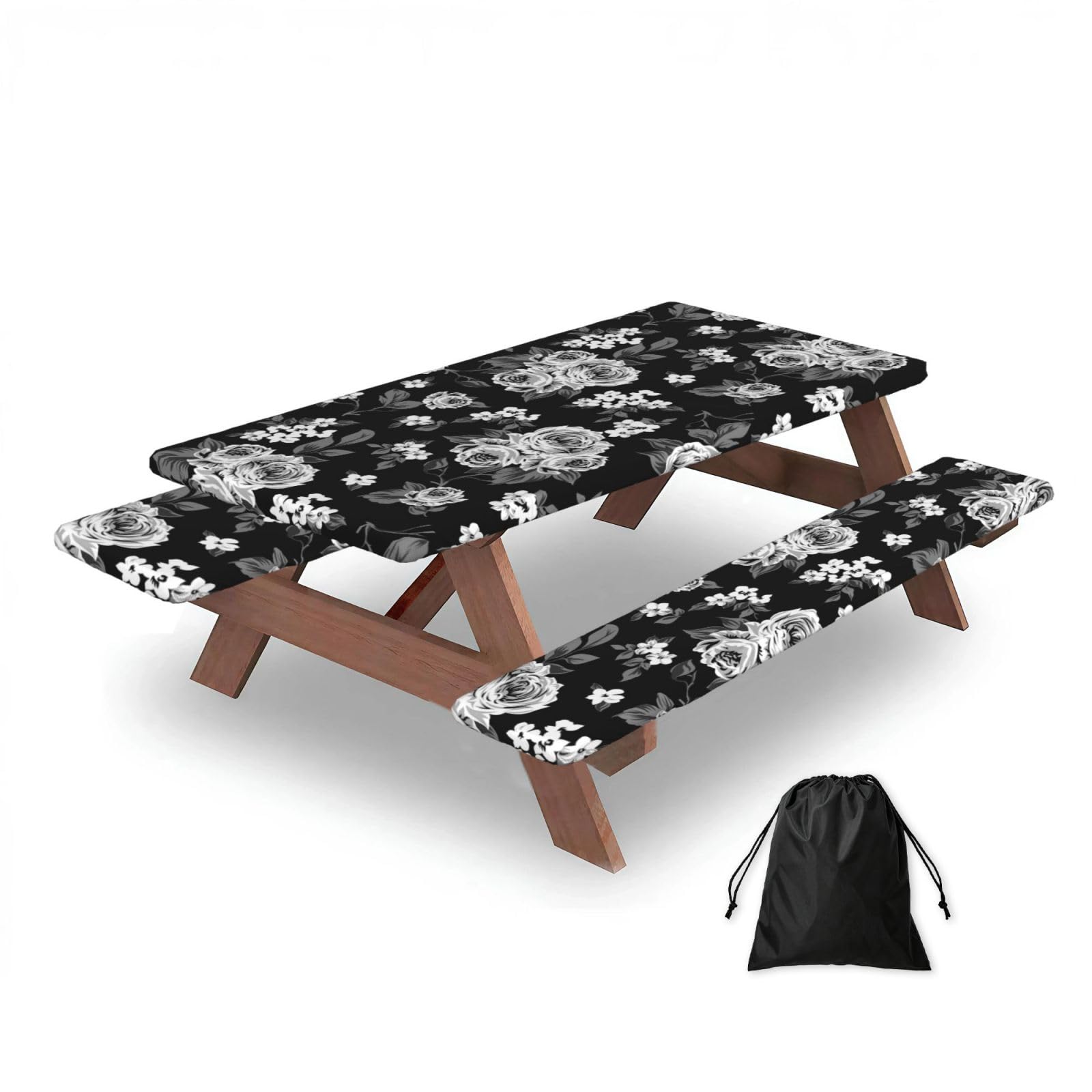 Dopklna As Picture Vintage White Rose Tulip, Picnic Table Cover With Bench Covers -Waterproof Elastic Fitted Tablecloth For Garden Camping Patio 76X152cm