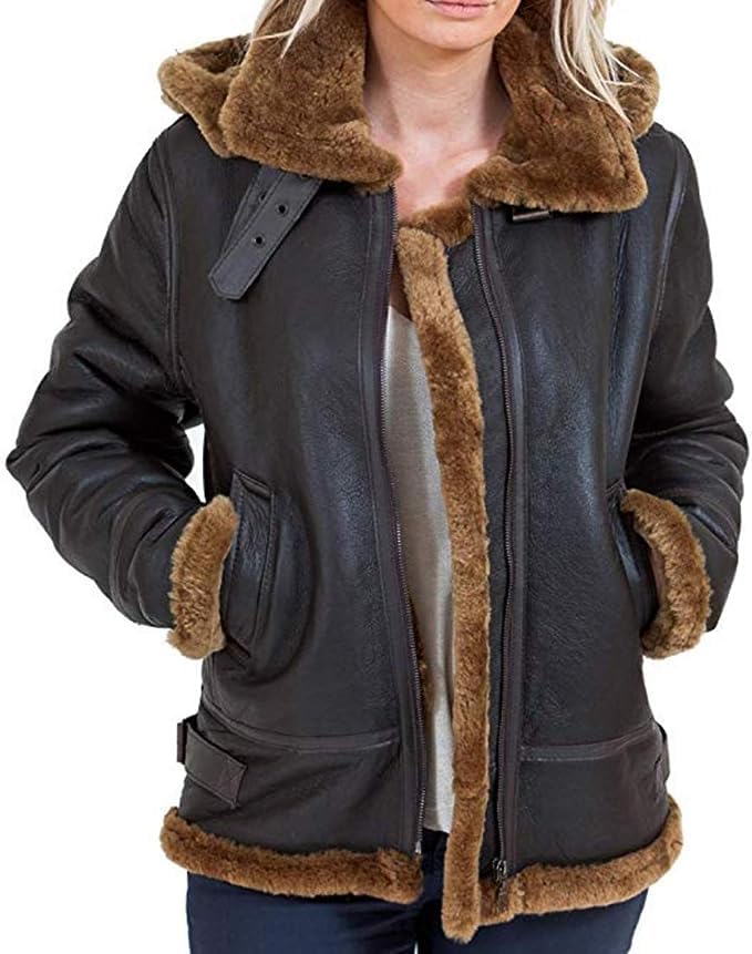 Fish Pro LLC Womens B3 Bomber Leather Jacket | Ladies Shearling Flying Hooded Brown Leather Jacket
