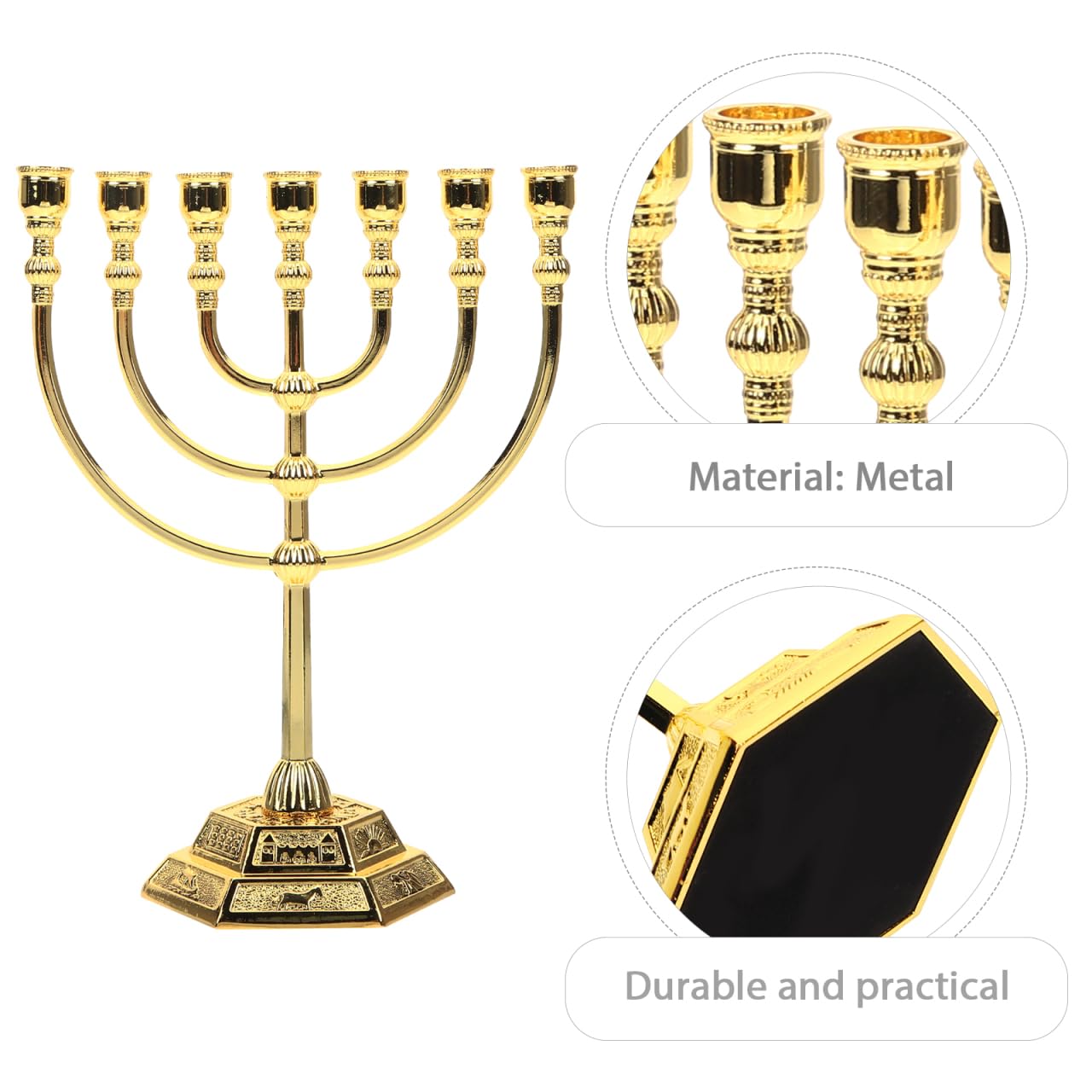 Generico Portacandele a 7 Braccia in Metallo Menorah Tradizionale Dorato Ornamento Decorativo Per Casa E Feste 6.69 Pollici Elegante Porta Candele Per Cena a Lume Di Candela