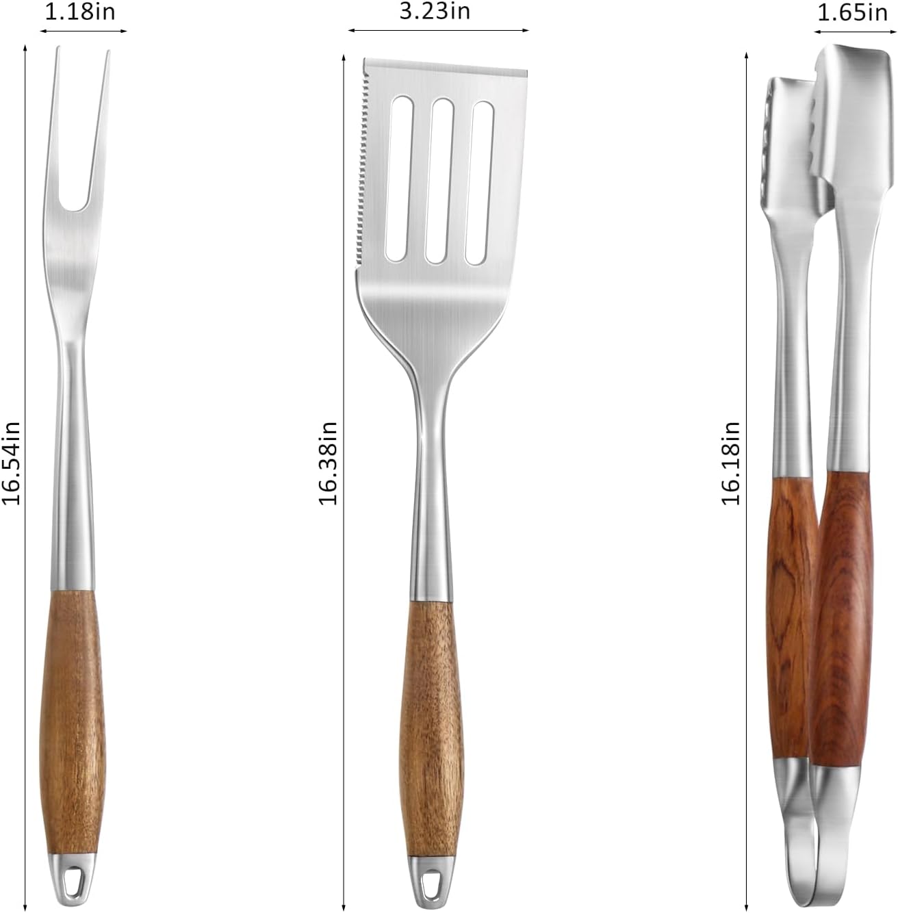 4 pcs Heavy-Duty Rose Wooden BBQ Grilling Tools Set, Extra Thick Stainless Steel Multi-Functional Spatula, Fork, Tong, Cleaning Brush - an Excellent Barbecue Gift for Men