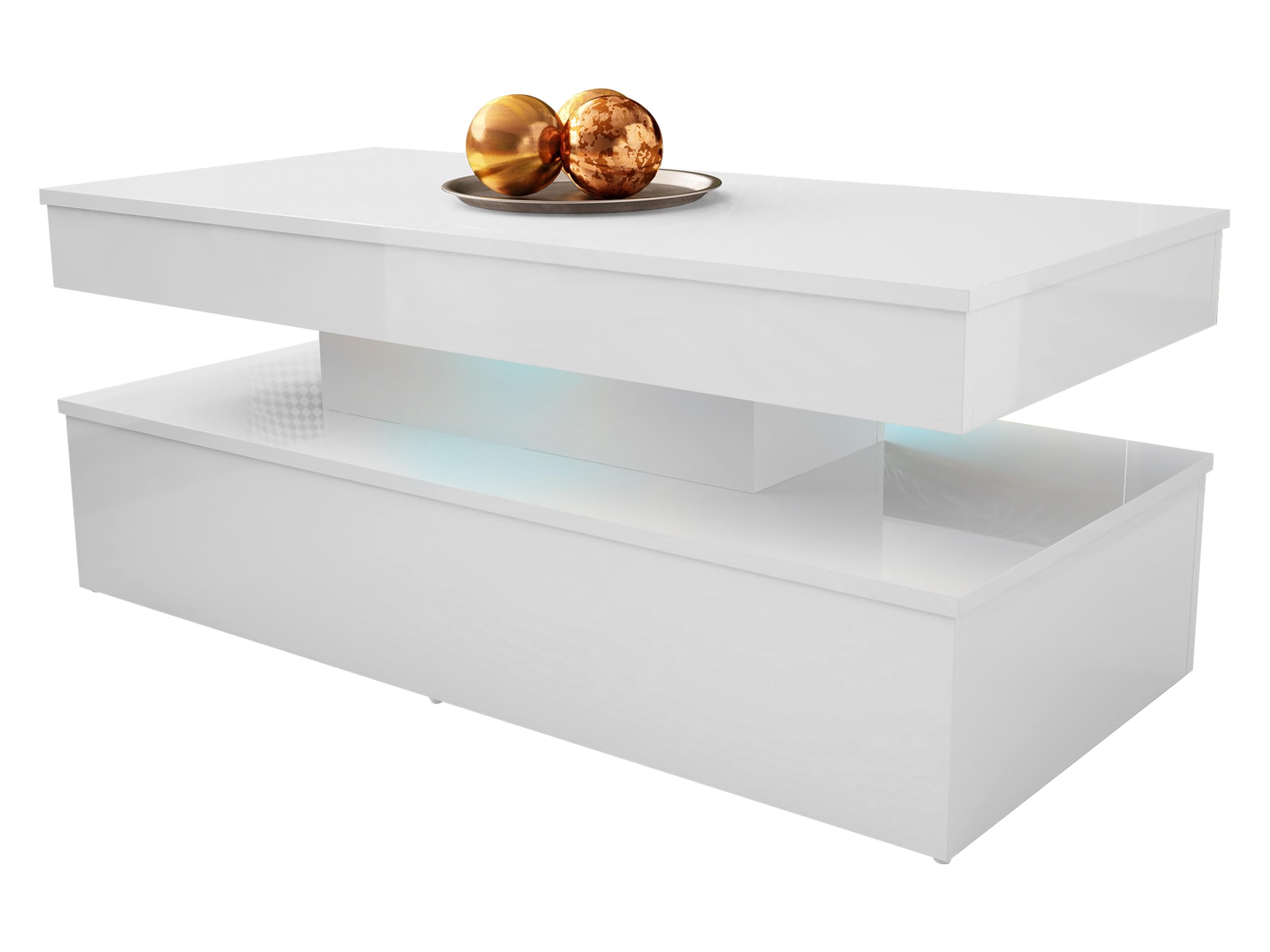 Mirjan24 Couchtisch Serkuzo 120 mit Blauer LED (Weiß Hochglanz) | Moderner Sofatisch mit Ablagefach und Antirutschfüßen, B/H/T: 120/50/55 cm