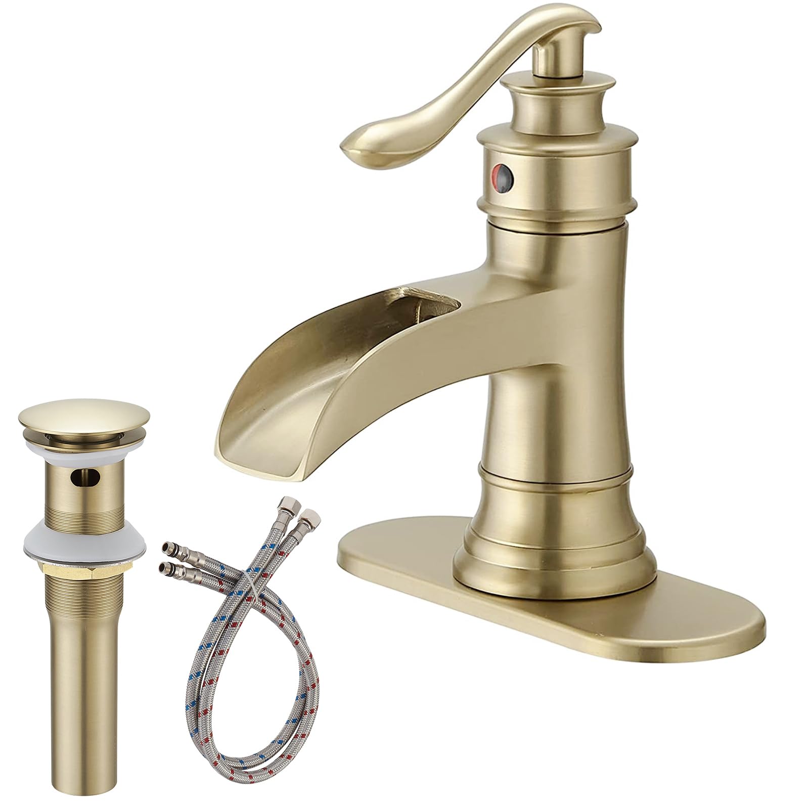 BATHLAVISH Brushed Gold Bathroom Faucet,Waterfall Bathroom Sink Faucet, Single Hole Single Handle Farmhouse Lavatory Vanity Deck Mount Vintage Antique with Pop Up Drain with Overflow Parts Mixer Tap