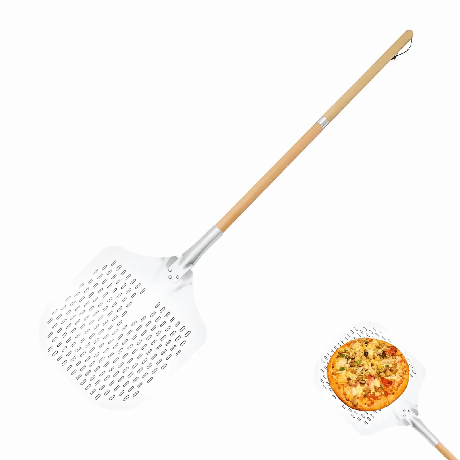 Pizzaschieber，Hochwertig Perforierter Pizzawender， 35x30cm Aluminium Pizzaschaufel mit 88cm Super lang Abnehmbarem Eichengriff für Pizzastein, Backofen & Gasgrill