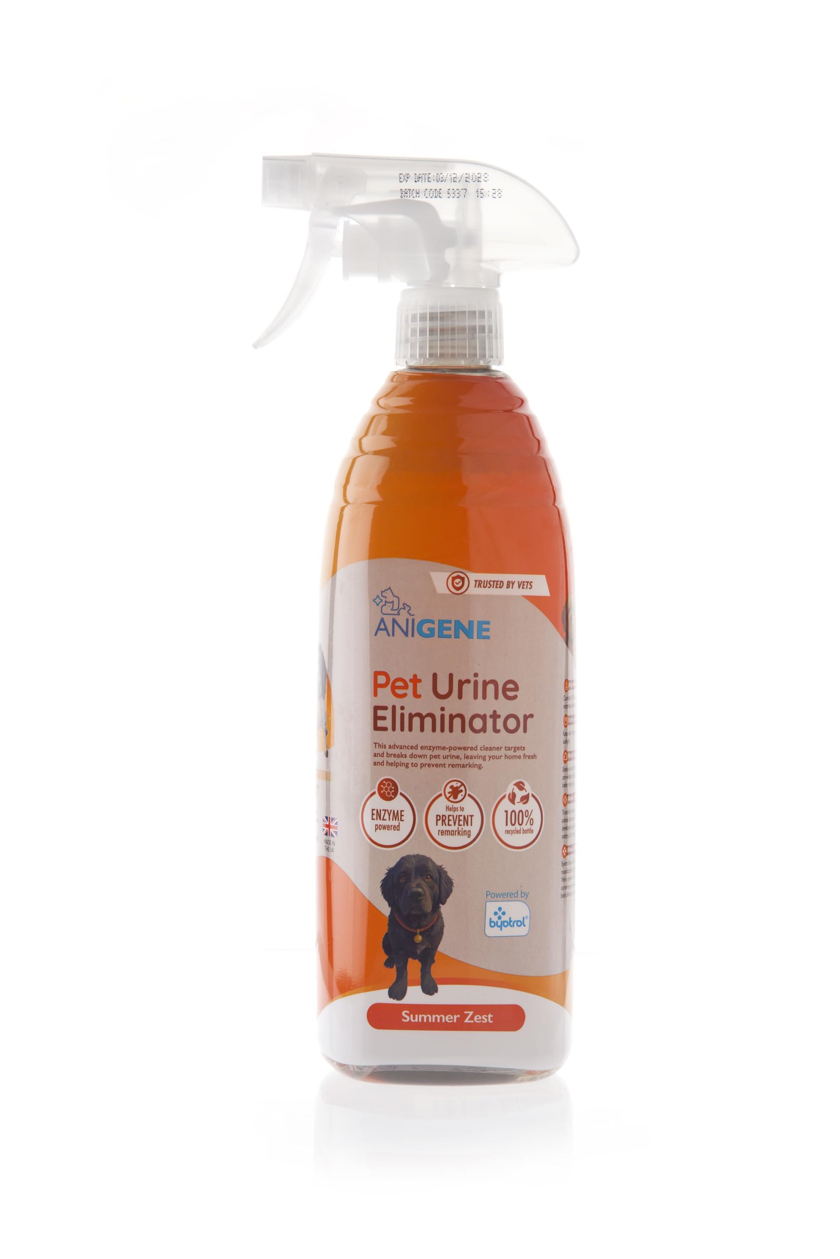 Byotrol ANIGENE Pet Urine Eliminator Spray (750ml - Summer Zest) - Enzyme Powered Cat & Dog Urine Remover Spray - Works In Minutes - Helps Prevent Remarking - Made Of 100% Recycled Plastic