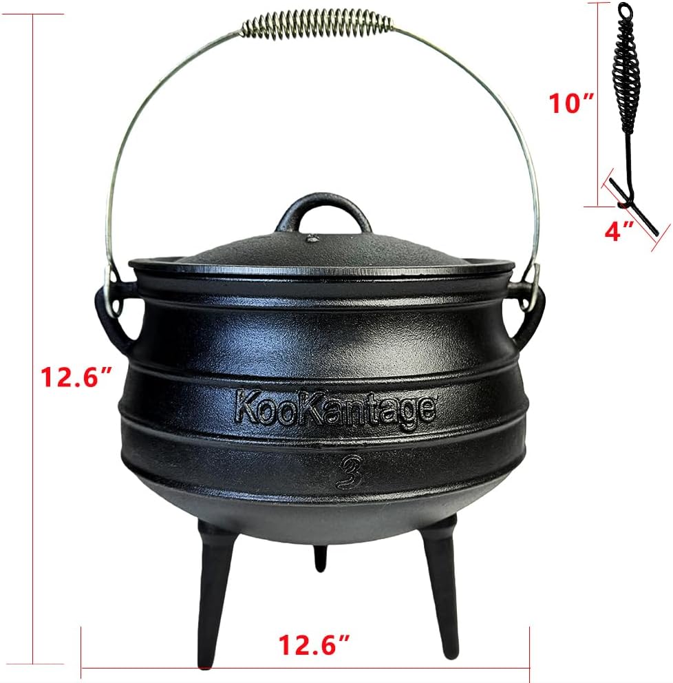 8-Quart Pre-Seasoned Cast Iron Cauldron - African Potjie Pot with Lid - 3-Legged Pot for Even Heat Distribution - Outdoor Cast Iron Dutch Oven Cookware for Campfire Cooking and Boiling