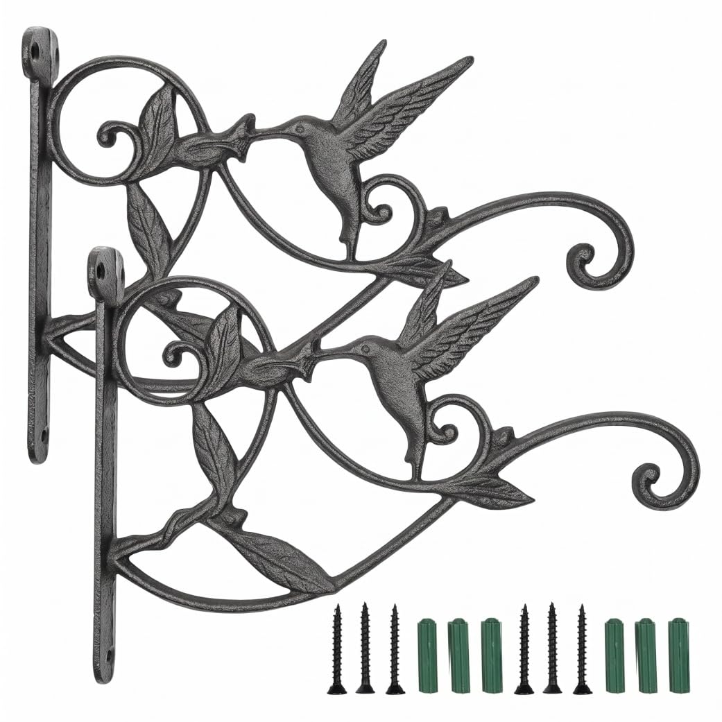 Outdoor Plant Hanger, 2 Pack Cast Iron Hooks, Rustic Black, Compact