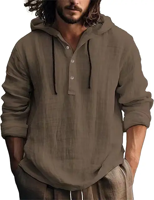 Men's Cotton Hemp Hoodie with Button-Down Collar - Lightweight Pullover for Casual Wear