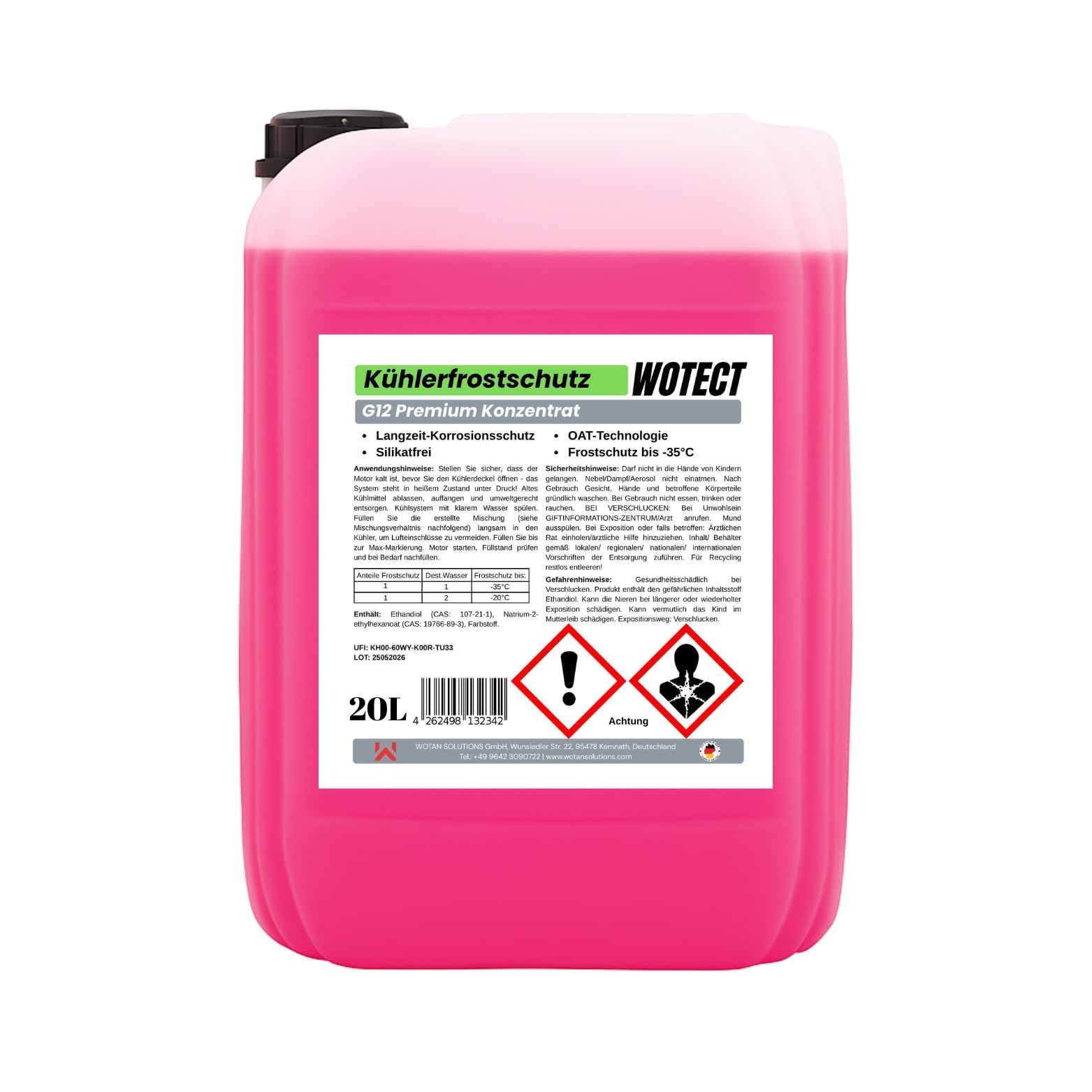 WOTECT 20L Kühlerfrostschutz Konzentrat G12 – Silikatfrei & Glycerinfrei – Rot/Rosa – Für PKW, LKW & Maschinen – Bis -35°C Frostschutz