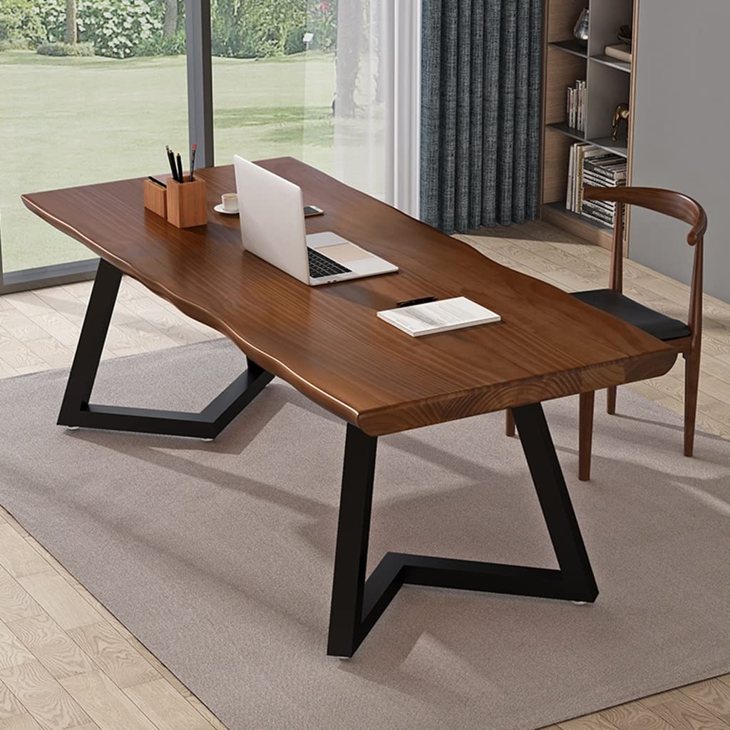 Escritorio de Oficina Escritorio de Madera Maciza Natural, Escritorio para computadora de Oficina en casa/Mesa de Conferencias, Tablero de Mesa de 5 cm de Grosor y Patas de Estructura de Metal