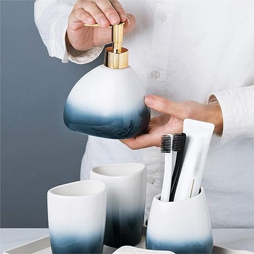 Miniatura 5 de Decoración de baño de tocador, juego de accesorios de baño de 6 piezas, juego de accesorios de baño, dispensador de jabón de cerámica azul, soporte