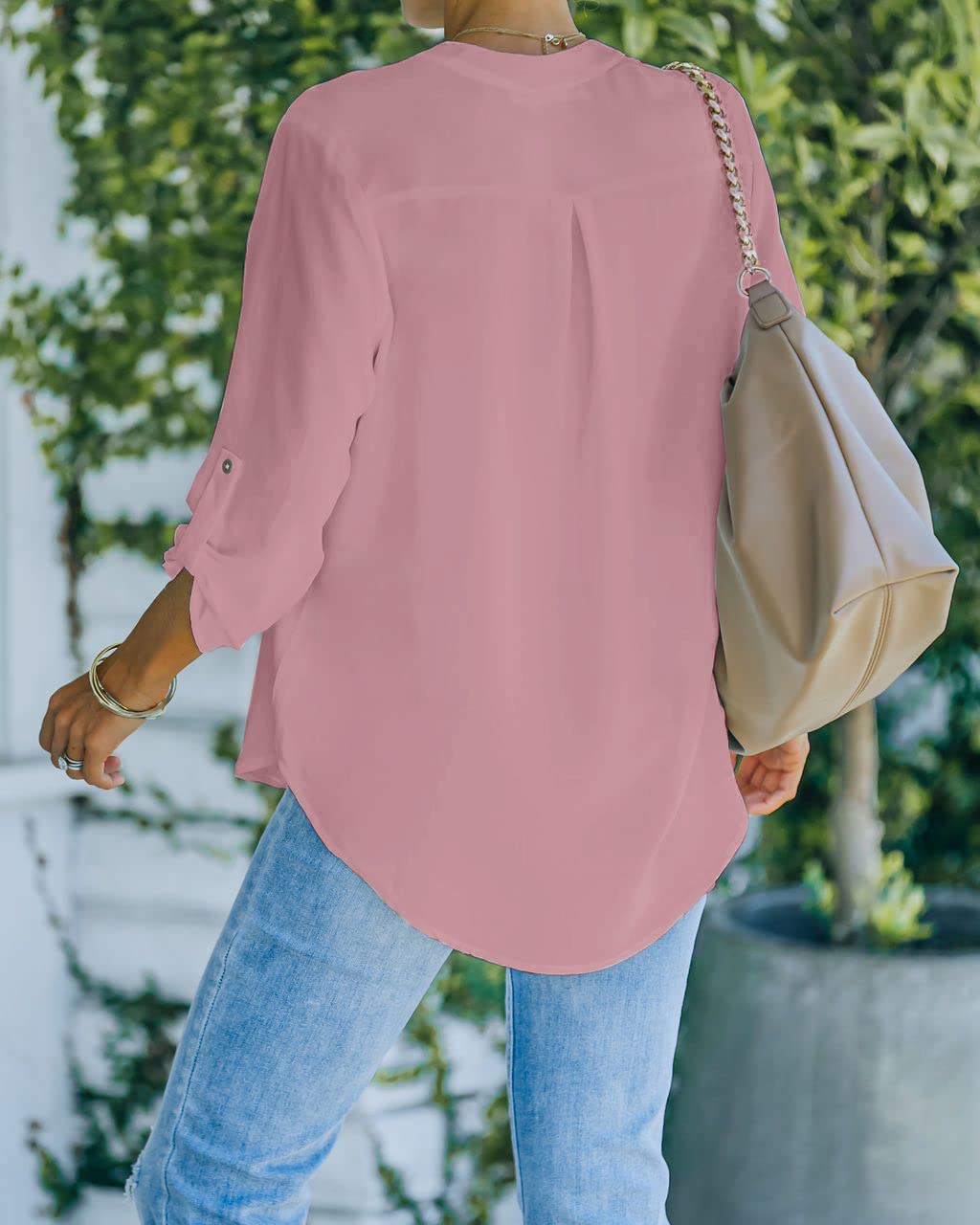 NONSAR Camicetta da donna Henley, elegante, con scollo a V, maniche arrotolabili, in stile casual