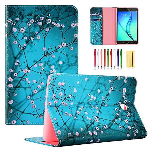 UUcovers T377 Tablet Case for Samsung Galaxy Tab E 8.0 Inch 2016 Model (SM-T377A/T377V/T377P/T375/T378) PU Leather Folio Stand Wallet Soft TPU Back Shockproof Cover with Card Pocket, Pear Flower Blue