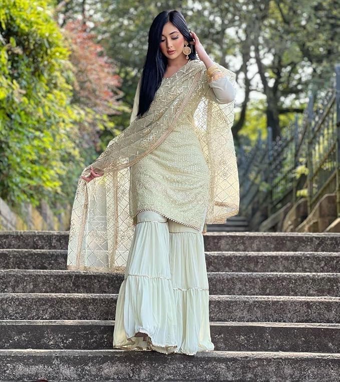 Image of Women's Designer Chinon Silk Sharara Suit Set, Sequence Embroidery Kurti with Tiered Sharara and Dupatta