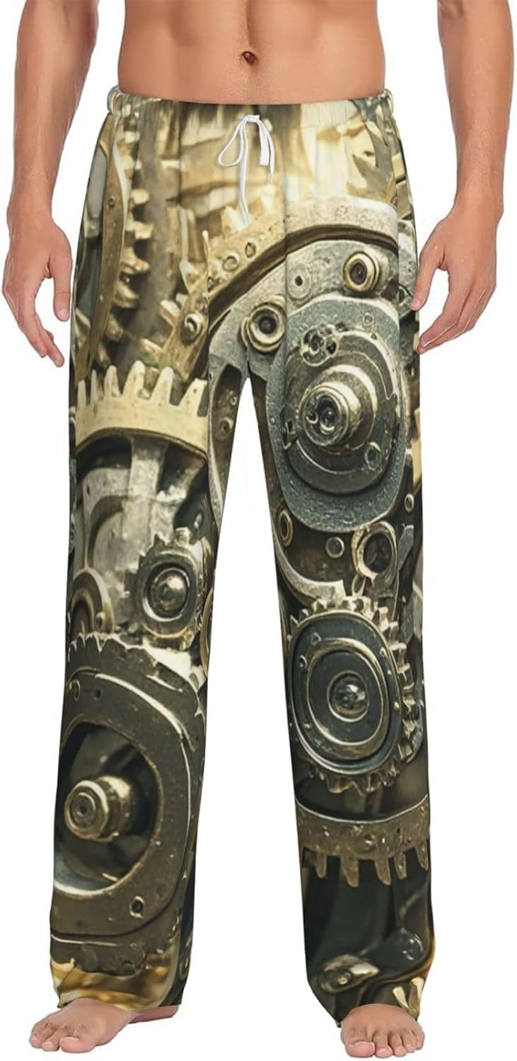Mens Pajama Pants Steampunk Mechanical Gears Pajama Bottom Soft Warm Sleep Pant with Pockets Lounge Pants
