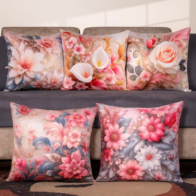 Image of Decorative Satin Sofa Cushion Covers Set of 5, 16 x 16 Inches, Multicolor Floral Printed Pillow Covers for Living Room, Bedroom, Couch & Sofa, Soft Glossy Fabric, Zipper Closure