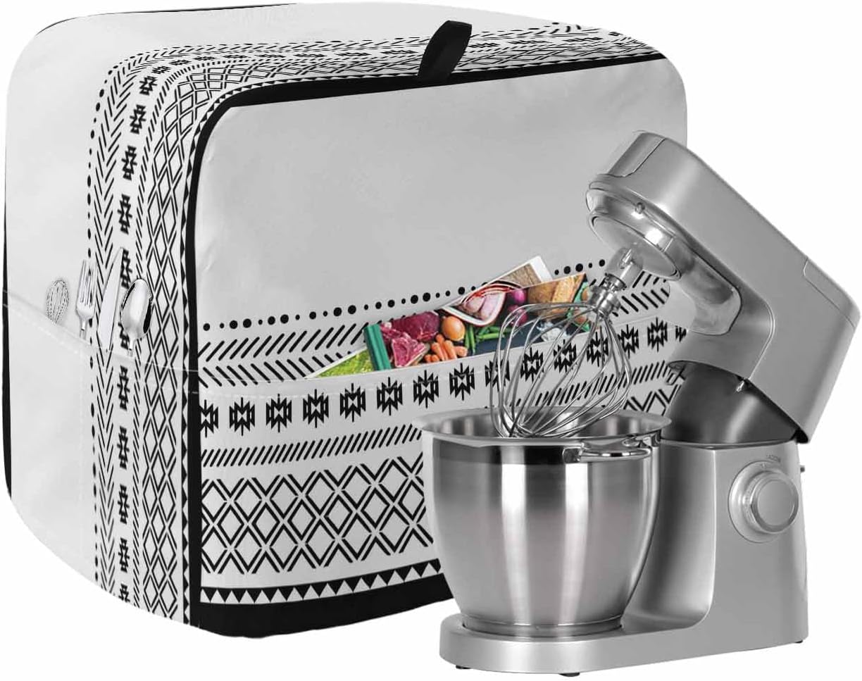 Boho Geometric Stand Mixer Cover with Storage Pocket, Waterproof Kitchen Mixer Covers, Abstract Art Vintage Striped Aesthetics Kitchen Appliance Dust Cover Compatible with 5-8 Quart Mixers