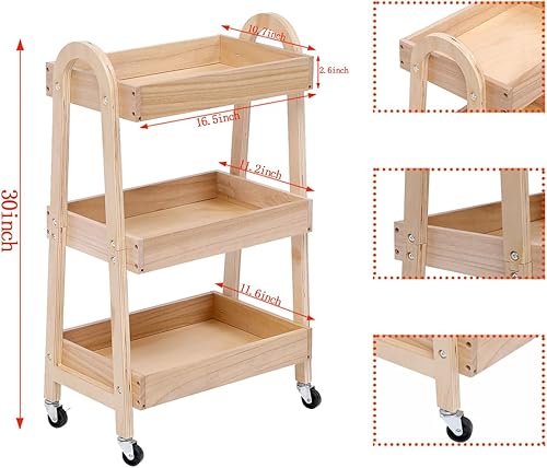 Miniatura 2 de Carrito de artesanía con ruedas de 3 niveles, madera de color claro, resistente, impermeable, con ruedas, para cocina, baño, lavandería