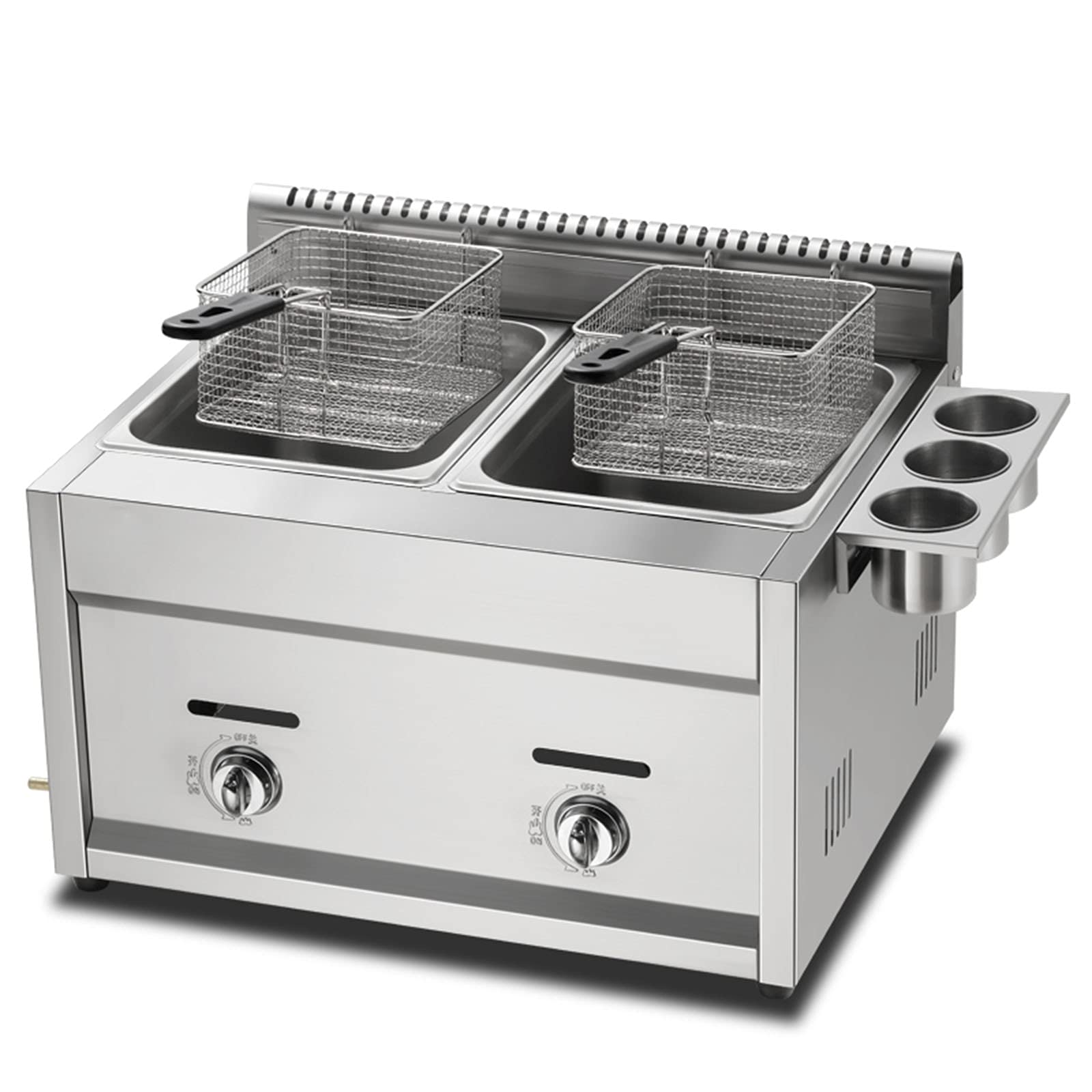 Friggitrice a gas di grande capacità, acciaio inossidabile 304 per uso alimentare, con potenza di fuoco regolabile e cestini rimovibili, friggitrice commerciale con coperchio