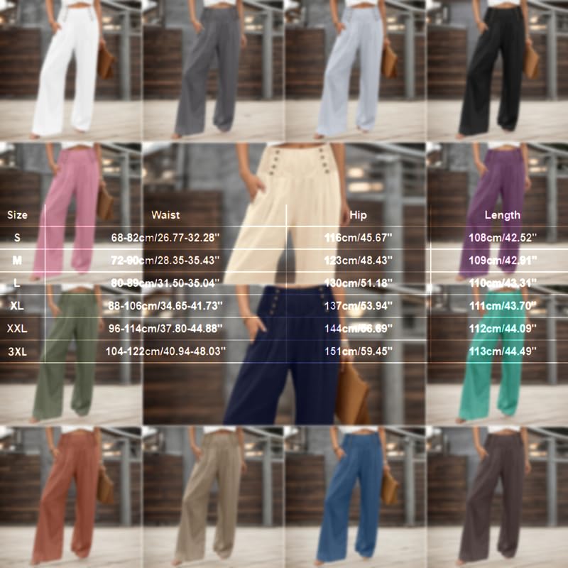 Women's Cotton Linen Palazzo Pants Boho Summer Wide Leg High Waist Lounge Pants with Button Decorate4