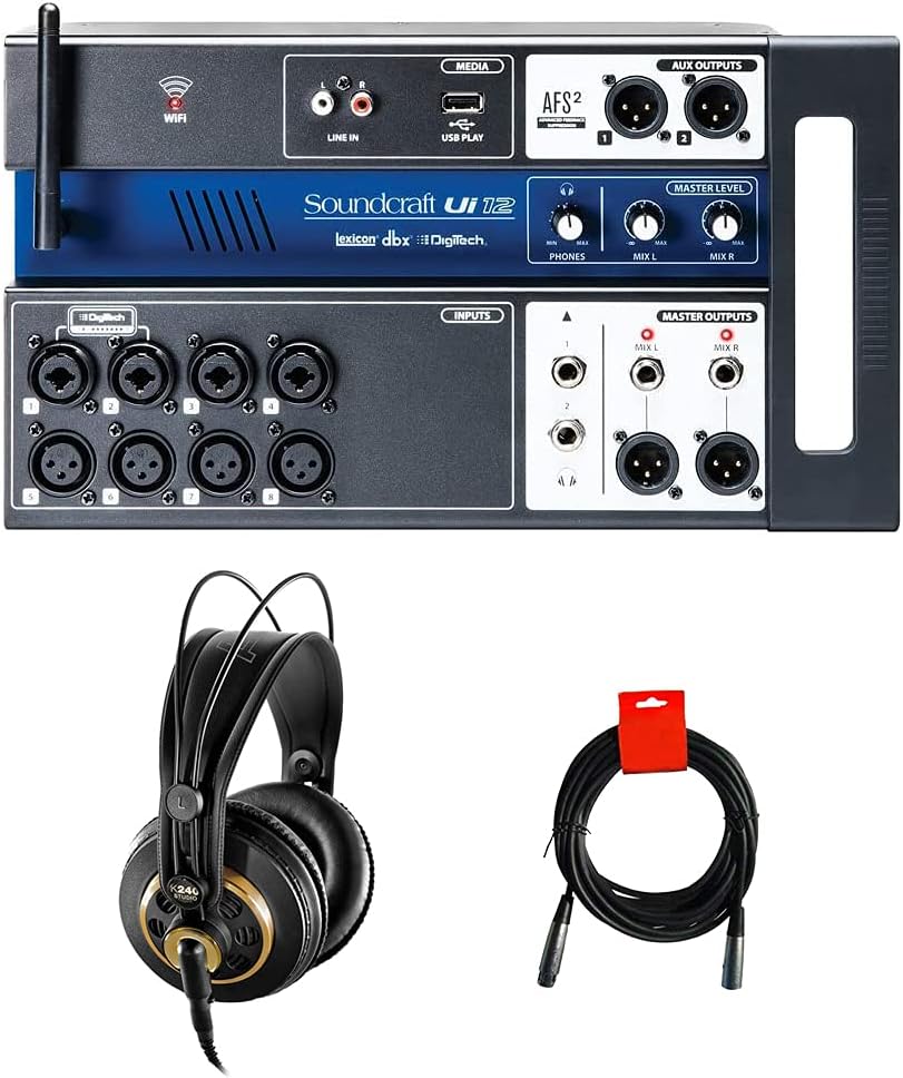 Soundcraft Ui12 12-Input Remote-Controlled Digital Mixer Bundle with AKG K240 Studio Pro Stereo Headphones and XLR Cable