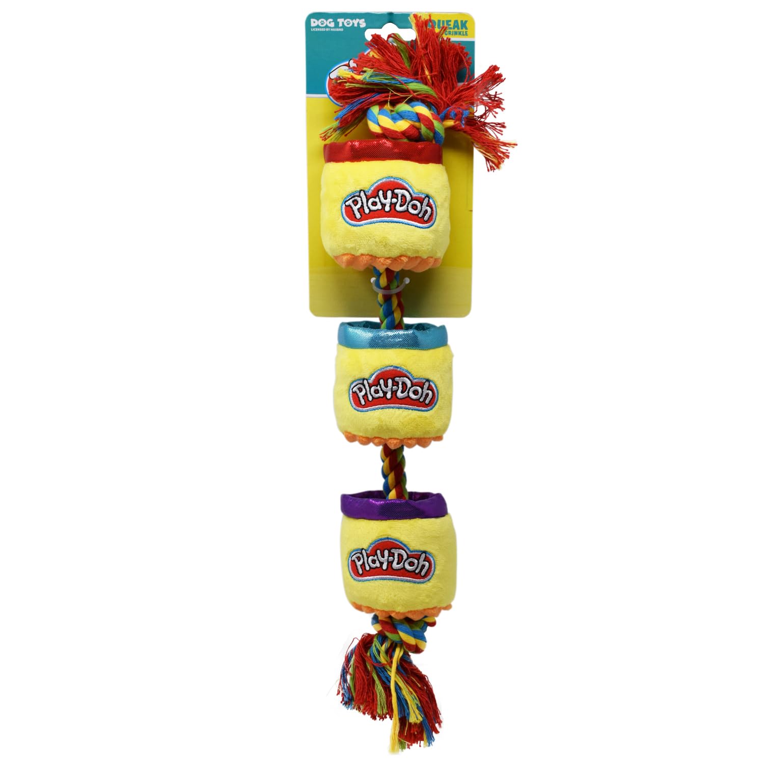 Hasbro Play-Doh Cans Plush Dog Toy, 18-Inch Squeaker and Crinkle Toy for Dogs, Yellow/Green/Red