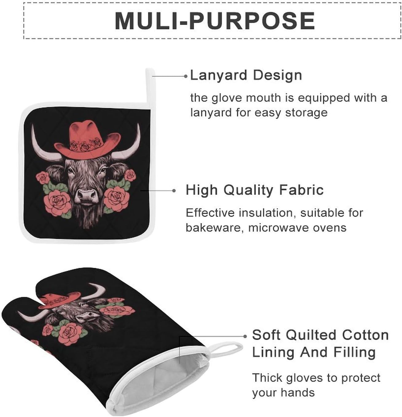 Highland Cow 4 Pcs Oven Mitts and Pot Holders Set High Heat Resistant Long Kitchen Oven Glove Potholders