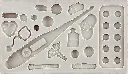 Miniatura 4 de MYPRACS Tableta de aparatos médicos, molde de silicona, sombrero de enfermera, estetoscopio, píldora, termómetro, molde de fondant médico para