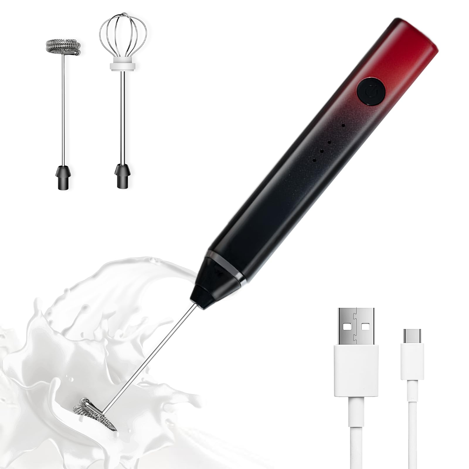 Milk Frother Rechargeable Handheld Electric Whisk Coffee Frother Mixer with 3 Stainless whisks 3 Speed Adjustable Foam Maker Blender for Coffee Matcha Latte Cappuccino Hot Chocolate（Black Red）