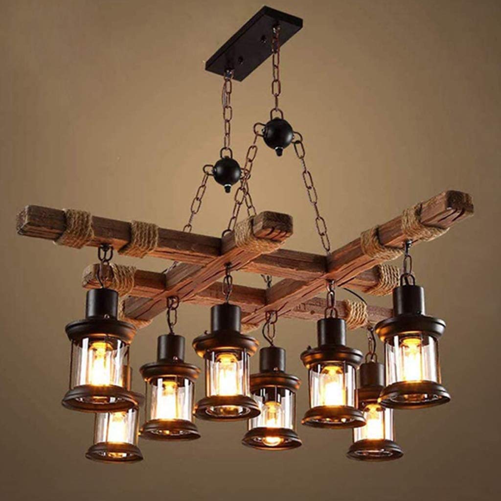Lampa wisząca LED w stylu vintage, z drewna, rustykalna lampa wisząca w stylu retro, szkło, E27, z regulacją wysokości, do kuchni, salonu, biura, kawiarni, lampa sufitowa, 8 x E27