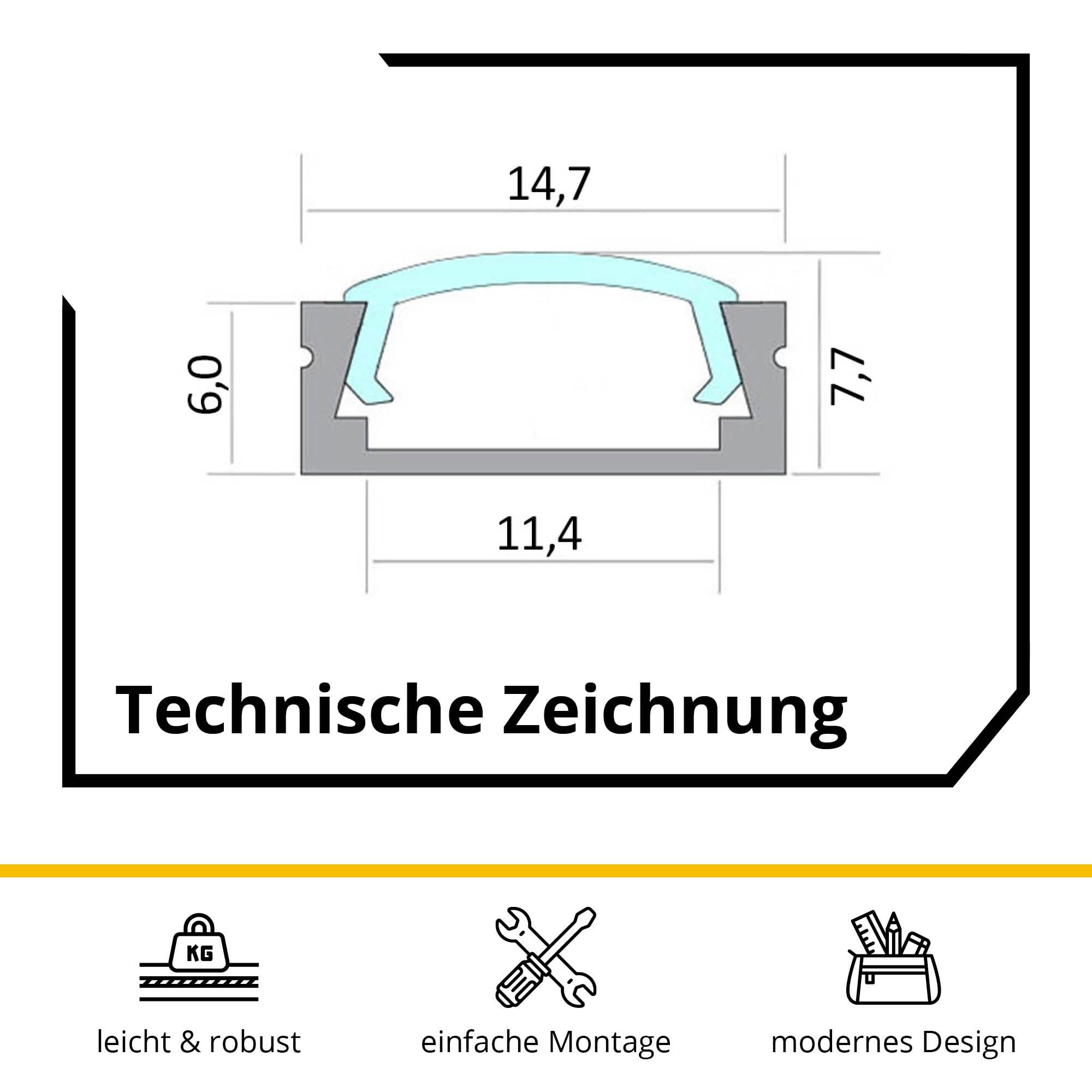 5x A15 LED Profil 2m - Schwarz + Abdeckung milky, Halter & Endkappen